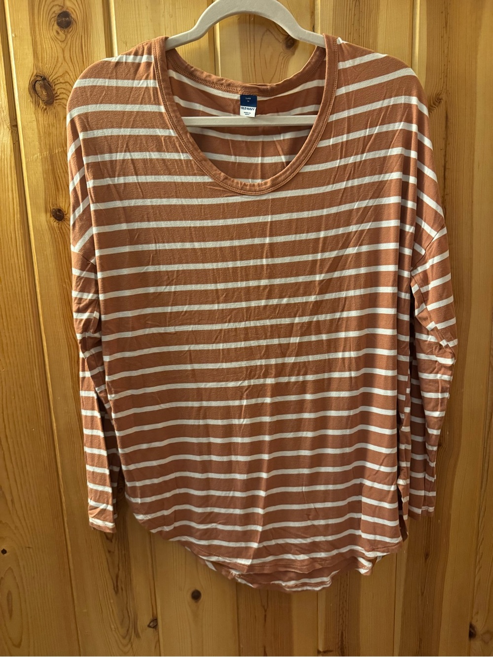 Old Navy Rust and White Striped Long-Sleeve Scoop Neck Top